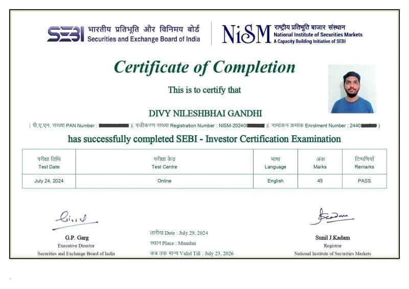 Completed SEBI Investor Certification with 45/50 marks