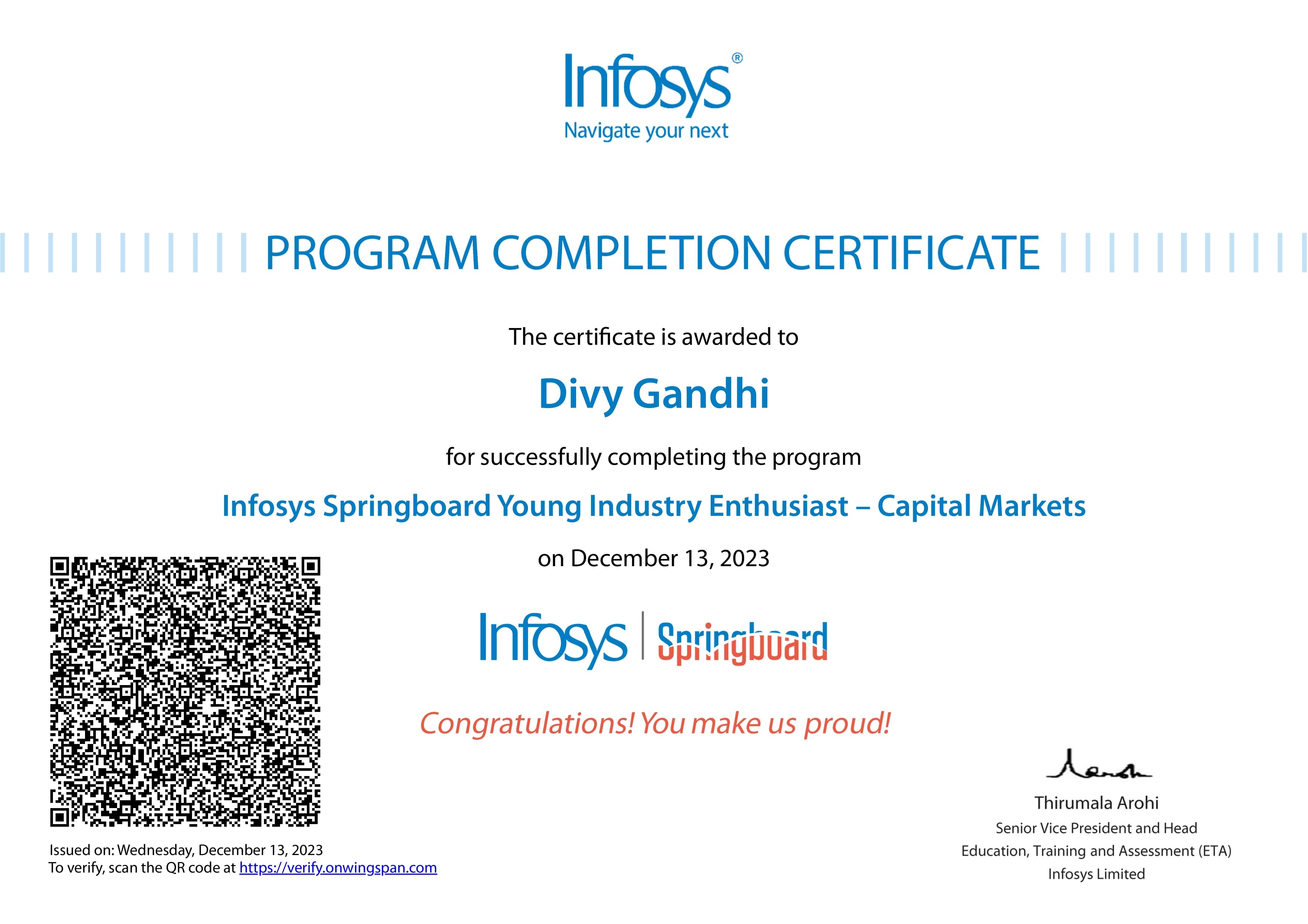 Completed Capital Markets Course at Infosys Springboard